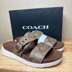 Coach Gwen Signature Sandal Sz 10 Platform Slides Khaki/ Saddle NWOB